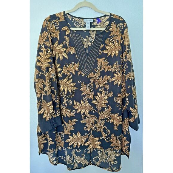 Catherines 2XWP (22/24WP) Black & Gold Print Blouse Hi-Lo w/ Convertible Sleeves - Picture 10 of 10